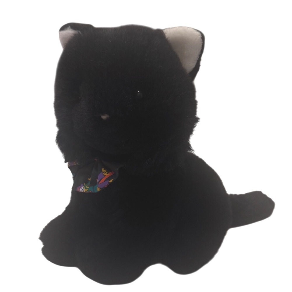 Vintage Commonwealth Black Cat Plush‎ Green Eyes Bowtie Stuffed Animal 10" EUC